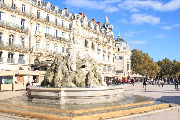 Plaza Comedia Montpellier Fuente Tres Gracias Herault Francia — Foto de Stock