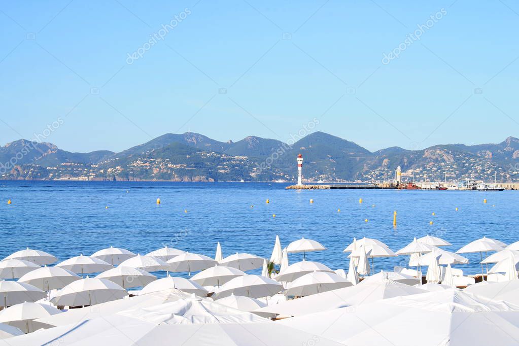 Cannes and Croisette beach along the waterfront in French Riviera, France