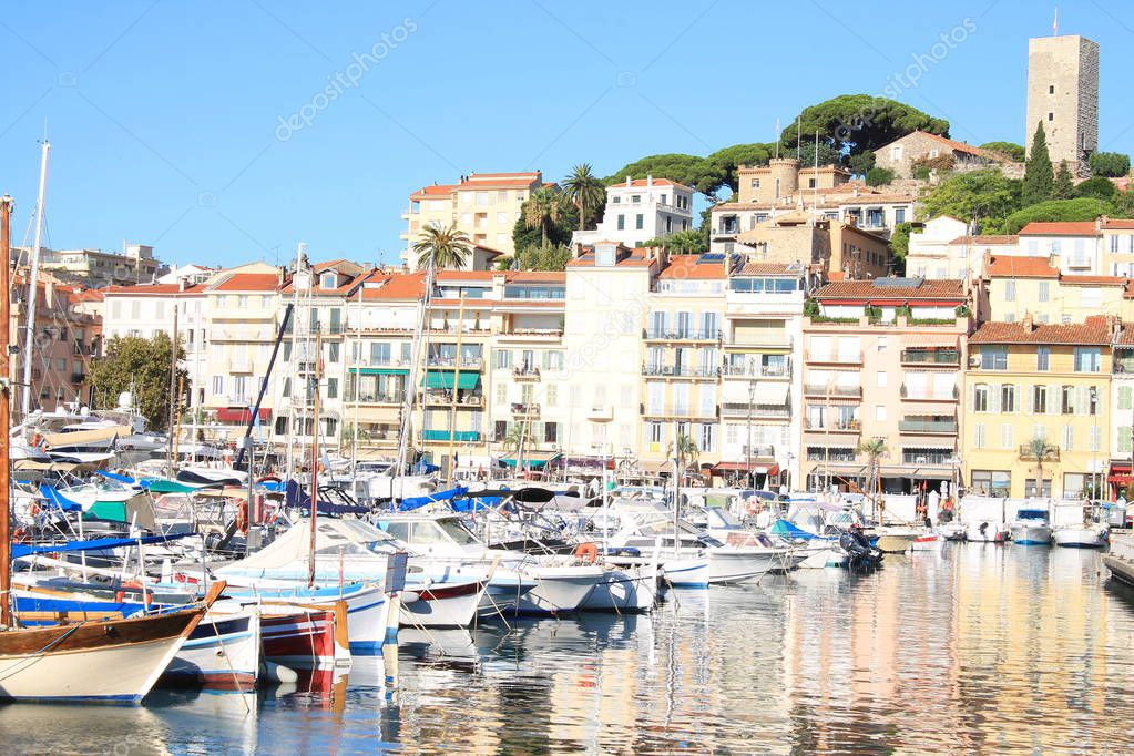The colorful Old city and harbor of Cannes, French Riviera, France