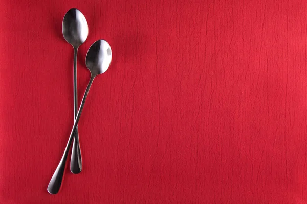 Meta Latte Spoons Lie Red Cloth Napkin — Stock Photo, Image