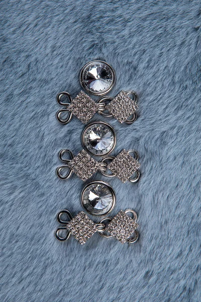 Beaux Accessoires Riches Élégants Cristal Argent Sur Fourrure Bleue — Photo