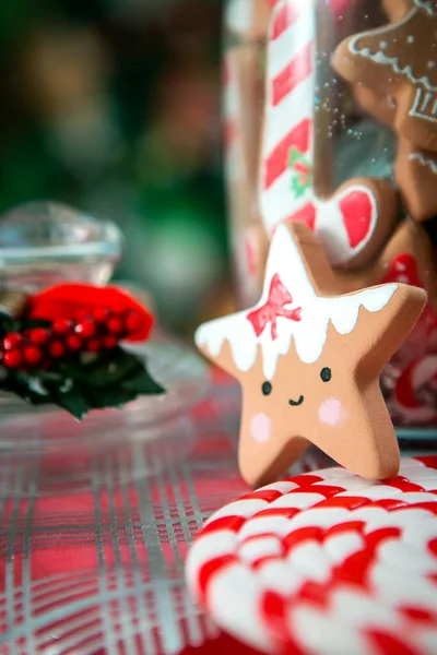 Christmas Cookies Candies Red Napkin Transparent Glass Jar Home — Stock Photo, Image