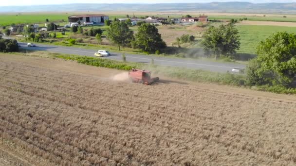 vue aérienne de moissonneuse-batteuse agricole récolte de blé mûr doré champ.