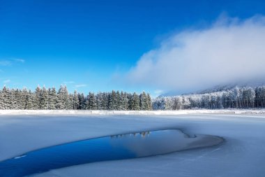 Buzun yüzeyindeki mavi buz ve çatlaklar. Kışın mavi gökyüzünün altında donmuş bir göl. Çam tepeleri. Kış. Bulgaristan, Avrupa.