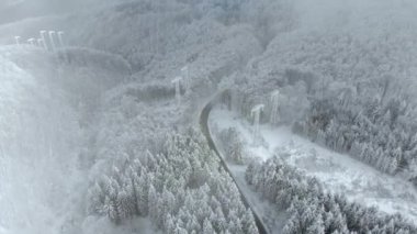 Ağaçlar kış manzarası, yol ve kar kaplı. Otoyol orman arasında hava görünümünü. Kış orman görünümünde karlı ağaç dal. Havadan görüntüleri, 4k video.