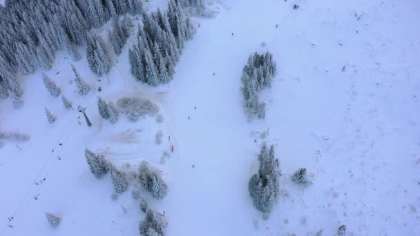 Luchtfoto Van Skipiste Bergen Waar Skiërs Rijden — Stockvideo