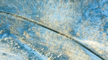 Karlı kış ormanlarında yol kuş bakışı.