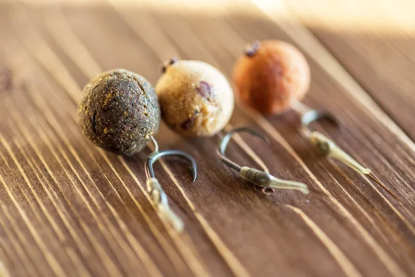 Carp Fishing Different Carp Boilies Accessories Carp Fishing Isolated Wooden — Stock Photo, Image