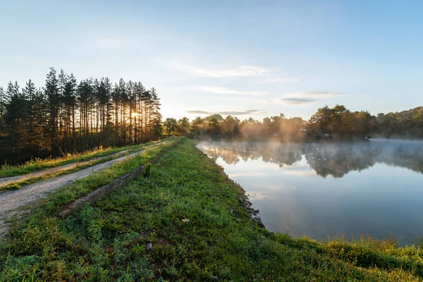 森の湖の朝の霧. — ストック写真