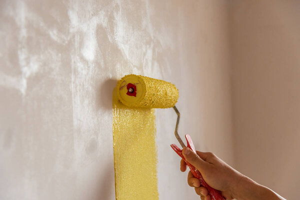 Decorator's hand painting wall with roller.