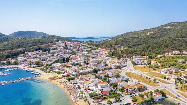 Aerial View Flying Drone People Crowd Relaxing Beach Greece — Stok Foto