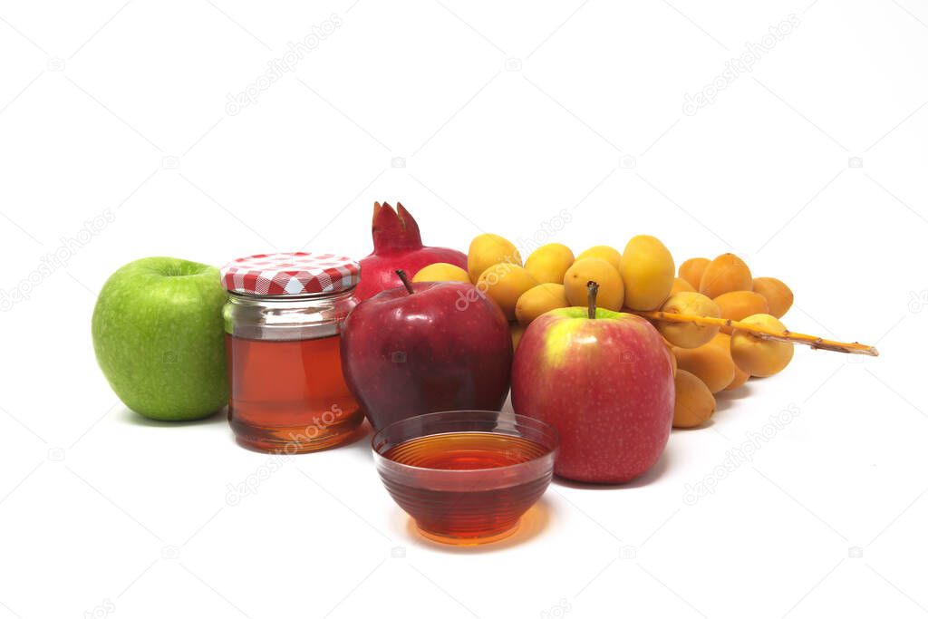 Rosh Hashanah, Jewish New Year, Traditional Symbols, Honey in a glass jar, Pomegranates, Dates, Red And Green Apples