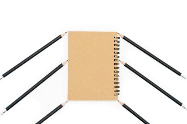 Bu kahverengi kitap altı siyah kalem arasına yerleştiriliyor ve hepsi beyaz arka planda..