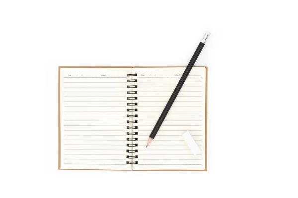 Pencils Erasers Were Placed Open Notebooks All White Background — Stock Photo, Image