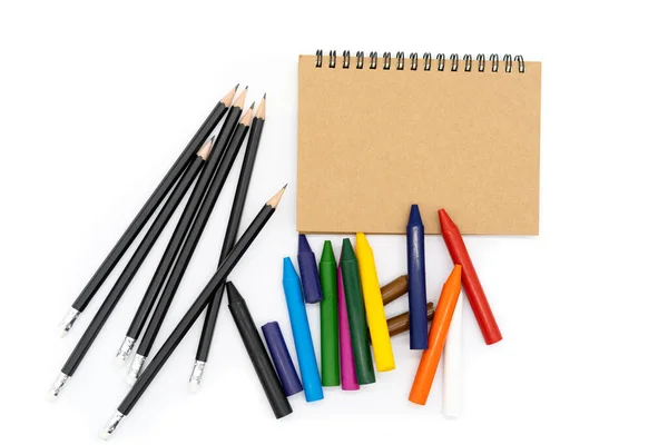 Brown Cover Notebook Top Picture Colored Pencils Bottom Picture Colors — Stock Photo, Image