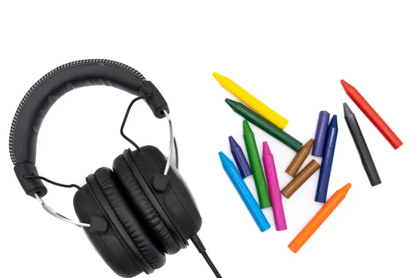 Color Pencils Right Side Picture Headphones Left Side Picture All — Stock Photo, Image