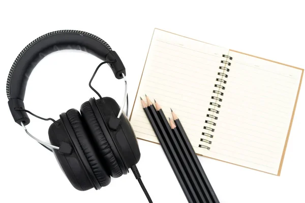 Headphones Left Side Picture Pencils Placed Open Book All Placed — Stock Photo, Image