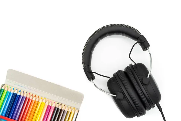 Crayon Colors Packed Box Placed Bottom Left Corner Picture Headphones — Stock Photo, Image