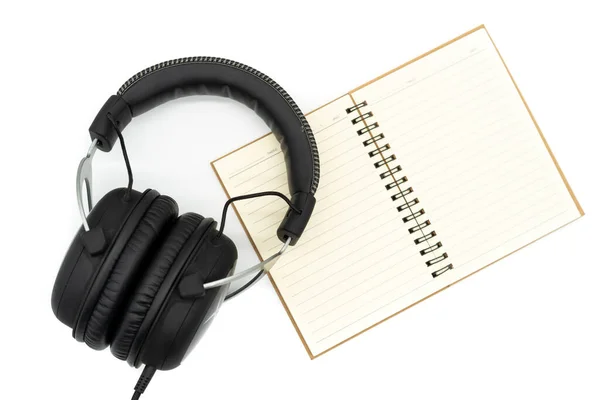 Headphones Notebooks Brown Book Open Put All Black Headphones Place — Stock Photo, Image