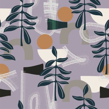 Vektör soyut yaprak, geometrik ve fırça darbesi şekilli katmanlar mor arka planda pürüzsüz tekrar deseni. moda ve ev dekorasyonu baskısı.