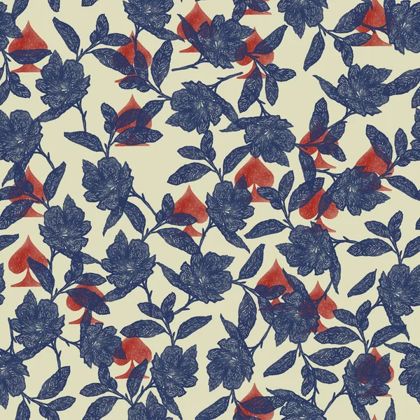 Line art flower and spade seamless pattern design, blue and red motif, yellow background, fashion print, dress print pattern, simple flower pattern, vintage floral pattern, print int