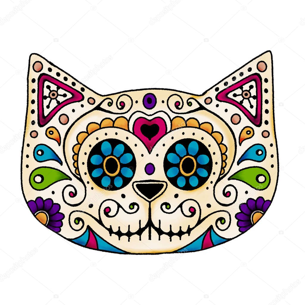 Mexican day of the dead Cat illustration, Mexican illustration, cat tatoo