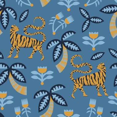 Retro renk kaplan, palmiye ağacı, çiçek pürüzsüz tekrar deseni