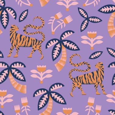 Retro renk kaplan, palmiye ağacı, çiçek pürüzsüz tekrar deseni