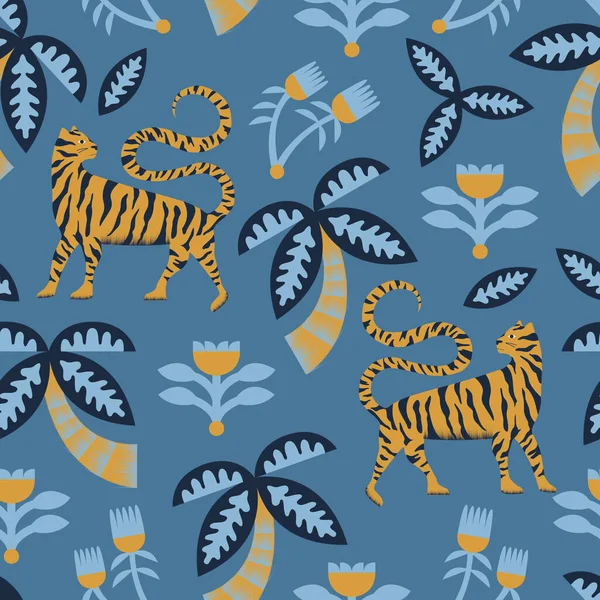 Retro renk kaplan, palmiye ağacı, çiçek pürüzsüz tekrar deseni