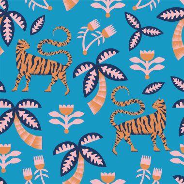 Retro renk kaplan, palmiye ağacı, çiçek pürüzsüz tekrar deseni