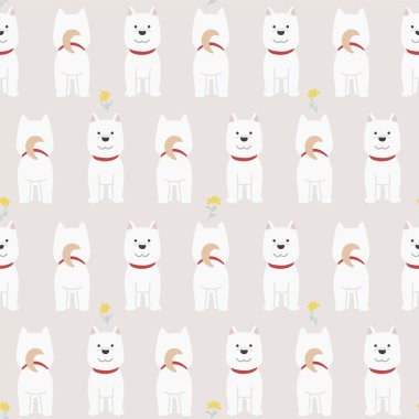 Önde ve arkada vektör beyaz kuaför köpek çizimi kusursuz tekrarlama deseni