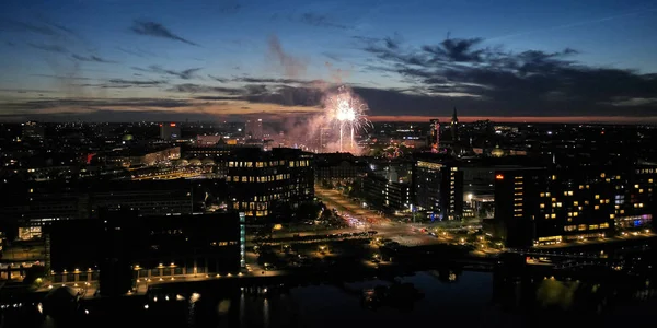 Aerial view of Copenhagen, Denmark with fireworks — Stock Photo, Image