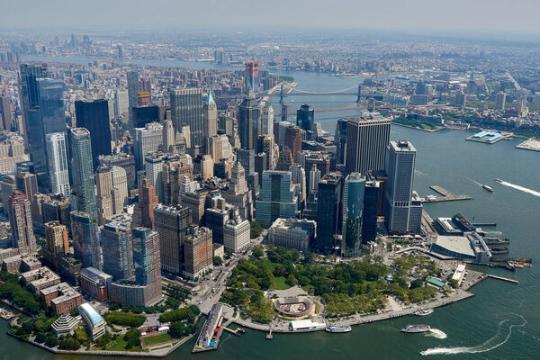 Aerial view of Manhattan skyscrapers in New York city on a sunny day