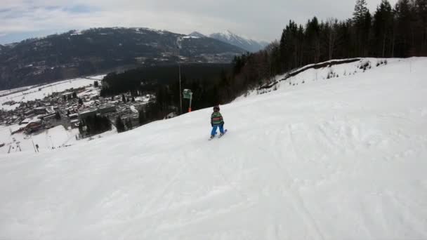 Little Boy Skiing Year Old Child Enjoys Winter Holiday Alpine — Stock Video