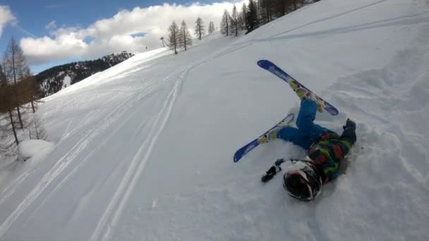 Freeride Skiing Little Boy Skiing Wild Year Old Child Enjoys — Stock Video