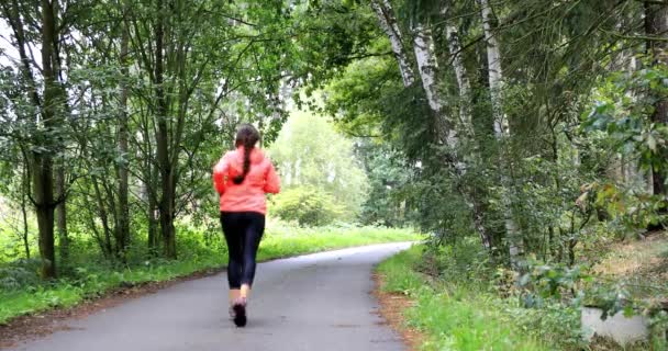 Mujer Joven Durante Entrenamiento Bosque Correr Por Salud Chica Profesa — Vídeos de Stock