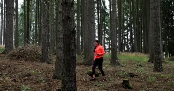 Una Joven Dando Paseo Por Bosque Camina Rápido Chica Profesa — Vídeo de stock