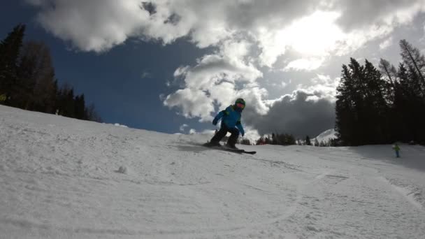 Little Boy Skiing Alpine Resort Year Old Child Enjoys Winter — Stock Video