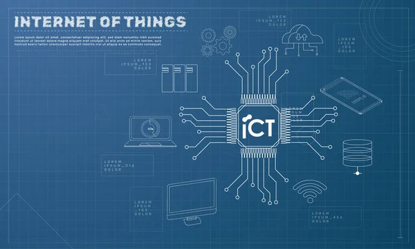İnternet (IoT) konsepti. Tipik IOT simgeleriyle bağlantılı bir sembol. Akıllı bilgisayar, bulut, akıllı telefon, makine. 