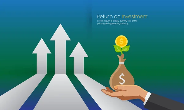 Yatırım amaçlı ROI iş büyütme oklarına geri dönüş. Büyük yatırımcıların elindeki para torbasında büyüyen dolarlarla. iş afişi illüstrasyonu