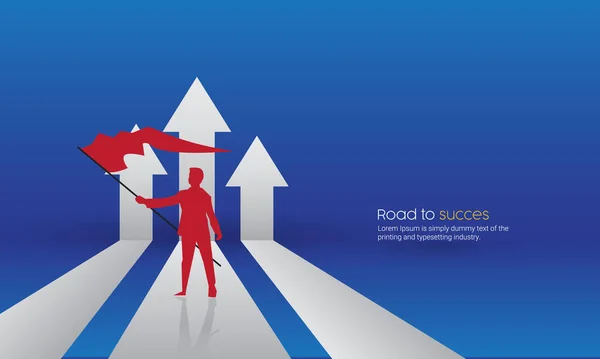 Zaferin sembolü olarak İşadamı 'nın bayrak sallaması ve başarılı olmasıyla başarıya giden yolda ok hedefi kavramı. Banner düz biçim vektör illüstrasyonu