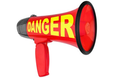 Beyaz arkaplanda kırmızı megafon, yakından izole edilmiş, hoparlördeki kelime DANGER, hoparlör ikonu, uyarı işareti, alarm sinyali, tehlike sembolü, uyarı pankartı, acil durum konsepti
