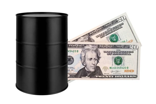 石油ドラムとホワイト ブラックオイルキャスクとマネーバンドル バレル価格概念 石油コストバナー ガソリンレート 燃料価値 世界的な金融危機のイラストに孤立20ドルの銀行券 — ストック写真