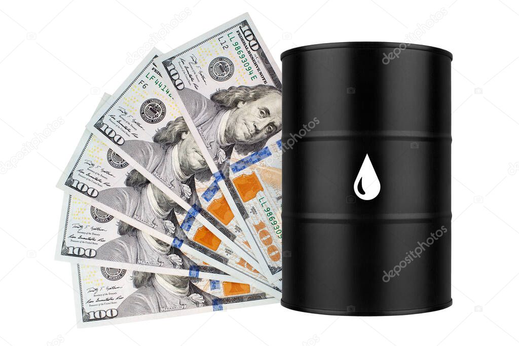 Oil drum and hundred dollar banknotes isolated on white, black oil cask and money bundle, barrel price concept, petroleum cost banner, gasoline rate, fuel value, global financial crisis illustration