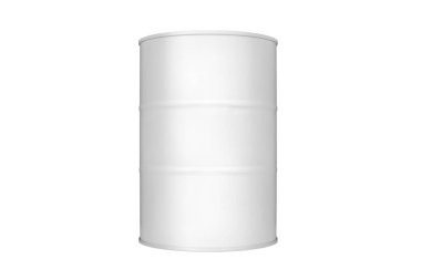 Beyaz arka plandaki yuvarlak metal varil, petrol varili, çelik fıçı, teneke kutu, alüminyum fıçı, petrol depolama ambalajı, yakıt konteynırı, benzin deposu, petrol üretim endüstrisi