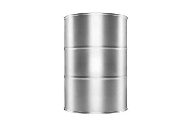 Gümüş metal varil beyaz arka plan kapalı, bir yuvarlak yağ varili, çelik fıçı, teneke yiyecek kutusu, teneke kutu, alüminyum fıçı, petrol depolama paketi, yakıt konteynırı, benzin deposu, konserve malları