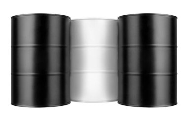 Yakından izole edilmiş üç siyah ve beyaz metal varil, yağ varili, çelik fıçı, boş yemek tenekesi, alüminyum fıçı, petrol depolama ambalajı, yakıt kutusu, benzin kavanozu, konserve ürün şablonu