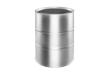 Gümüş metal varil beyaz arka plan kapalı, bir yuvarlak yağ varili, çelik fıçı, teneke yiyecek kutusu, teneke kutu, alüminyum fıçı, petrol depolama paketi, yakıt konteynırı, benzin deposu, konserve malları