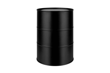 Beyaz zemin üzerinde siyah metal varil, yakın plan, petrol varili, çelik fıçı, boş teneke kutu, alüminyum fıçı, petrol depolama ambalajı, yakıt veya benzin konteynırı, konserve ürün şablonu