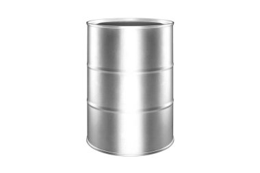 Gümüş metal varil beyaz arka plan kapalı, bir yuvarlak yağ varili, çelik fıçı, teneke yiyecek kutusu, teneke kutu, alüminyum fıçı, petrol depolama paketi, yakıt konteynırı, benzin deposu, konserve malları